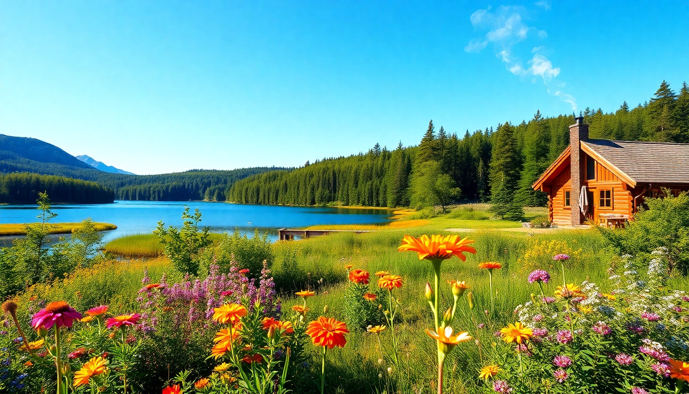 Scandia scenic view of a tranquil lake and cozy cabin in a lush forest.