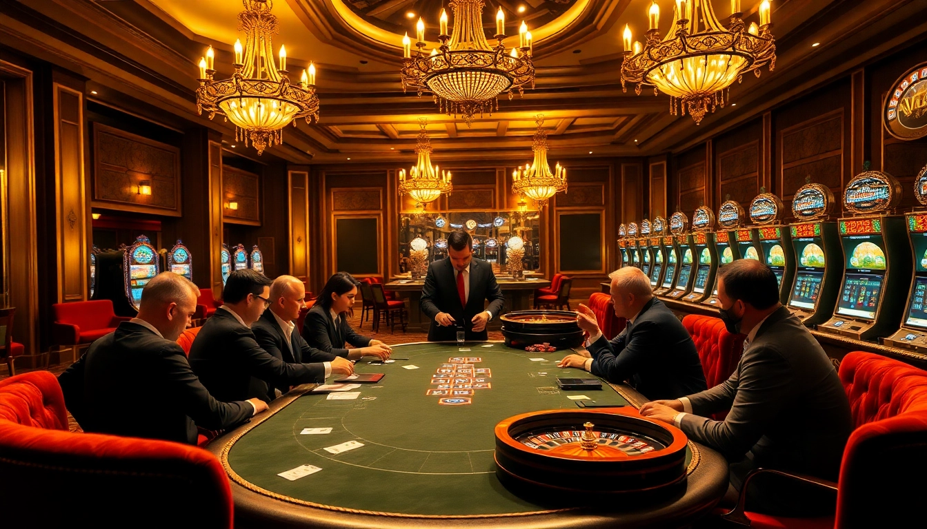 Kubet casino scene with a luxurious poker table, engaging players, and vibrant slot machines.