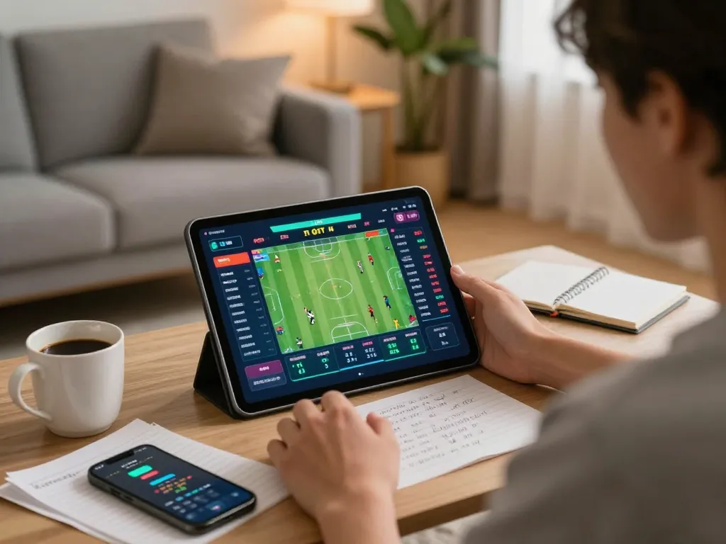 F8BET user enjoying online betting on a tablet in a cozy home setting, highlighting vibrant sports odds.