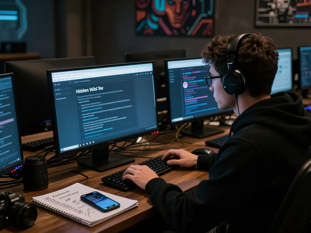 The hidden wiki displayed on a computer screen in a dark web café, showcasing a user engaged in digital exploration.