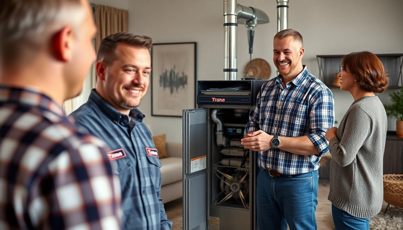 A Trane furnace dealer demonstrating a modern heating system to a customer, highlighting features.