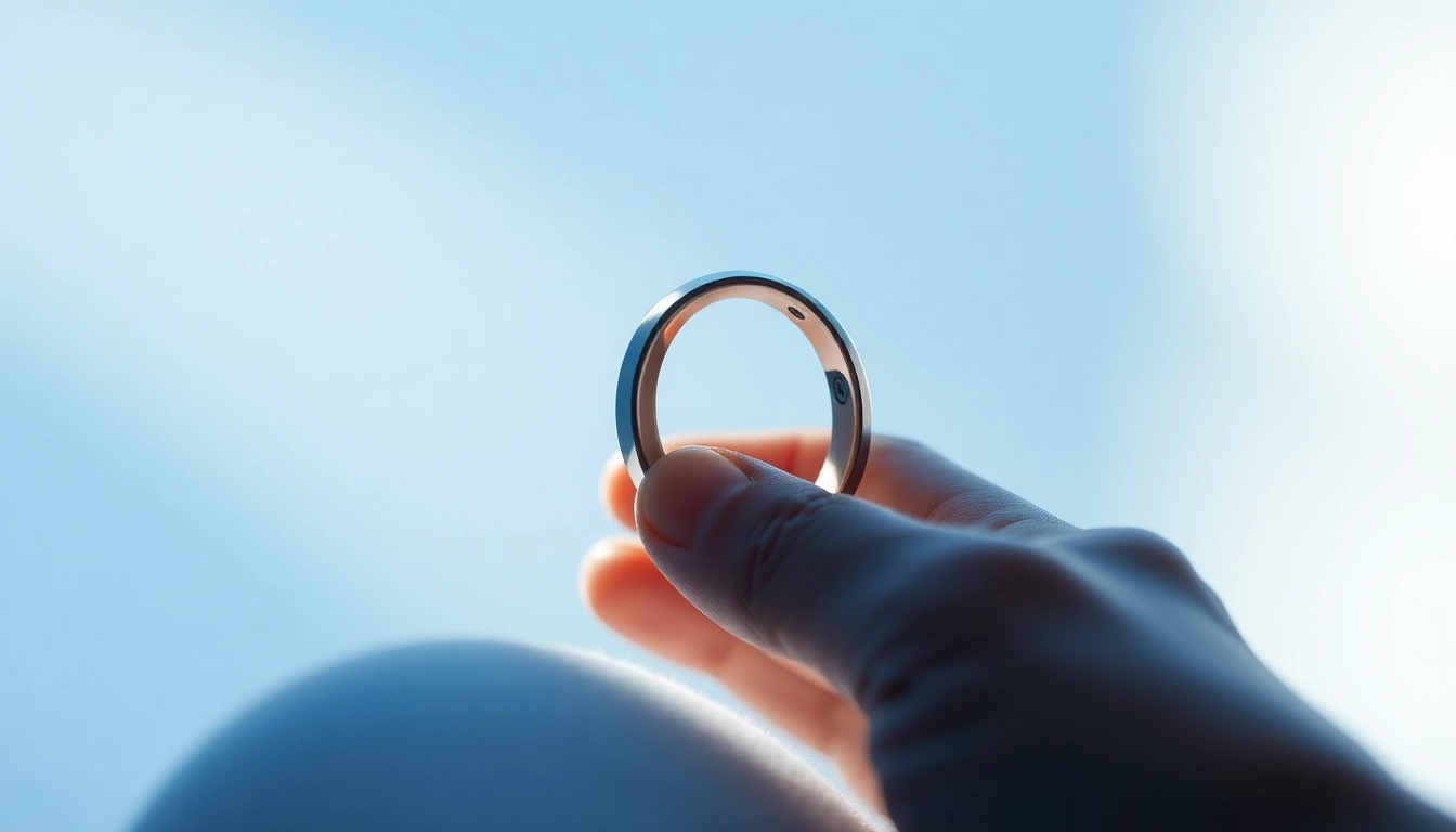 Holding a Ringconn smart ring in natural light, showcasing its sleek design and metallic finish.