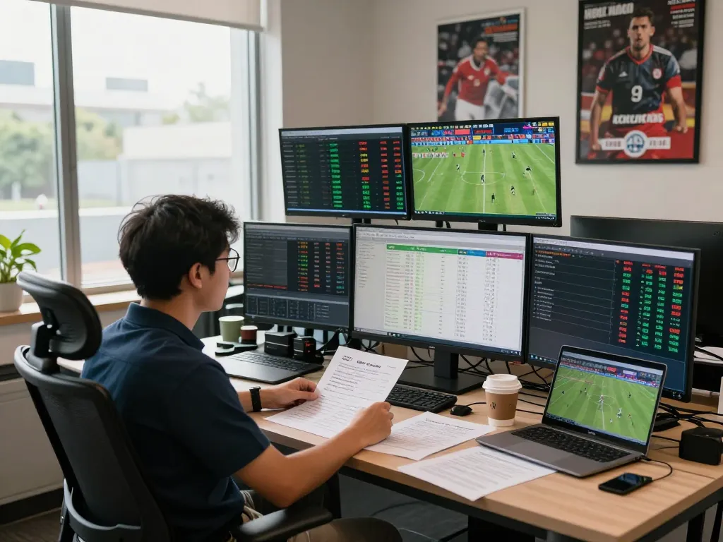 Sports analyst reviewing kèo nhà cái odds in a modern office environment with tech equipment and live feeds.