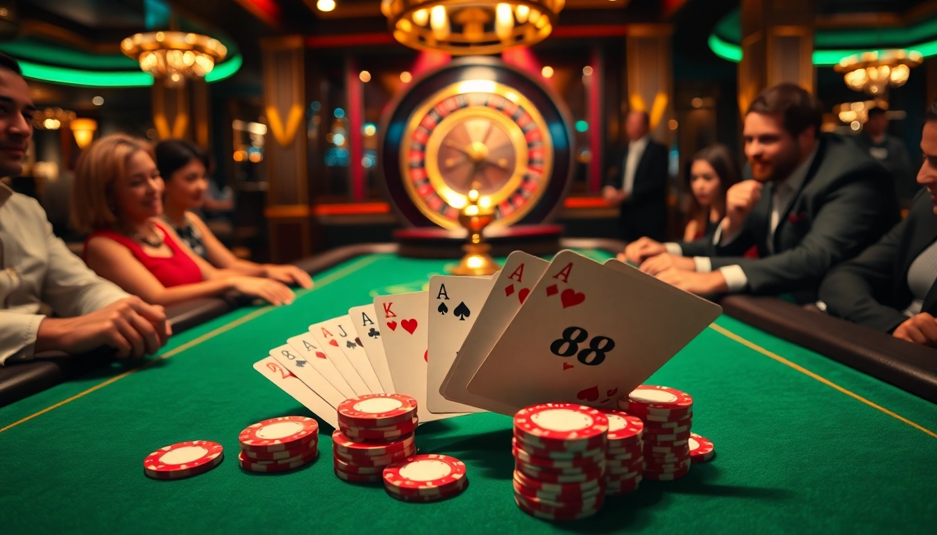 Experience high-stakes excitement at an 88vv poker table, complete with vibrant chips and cards.