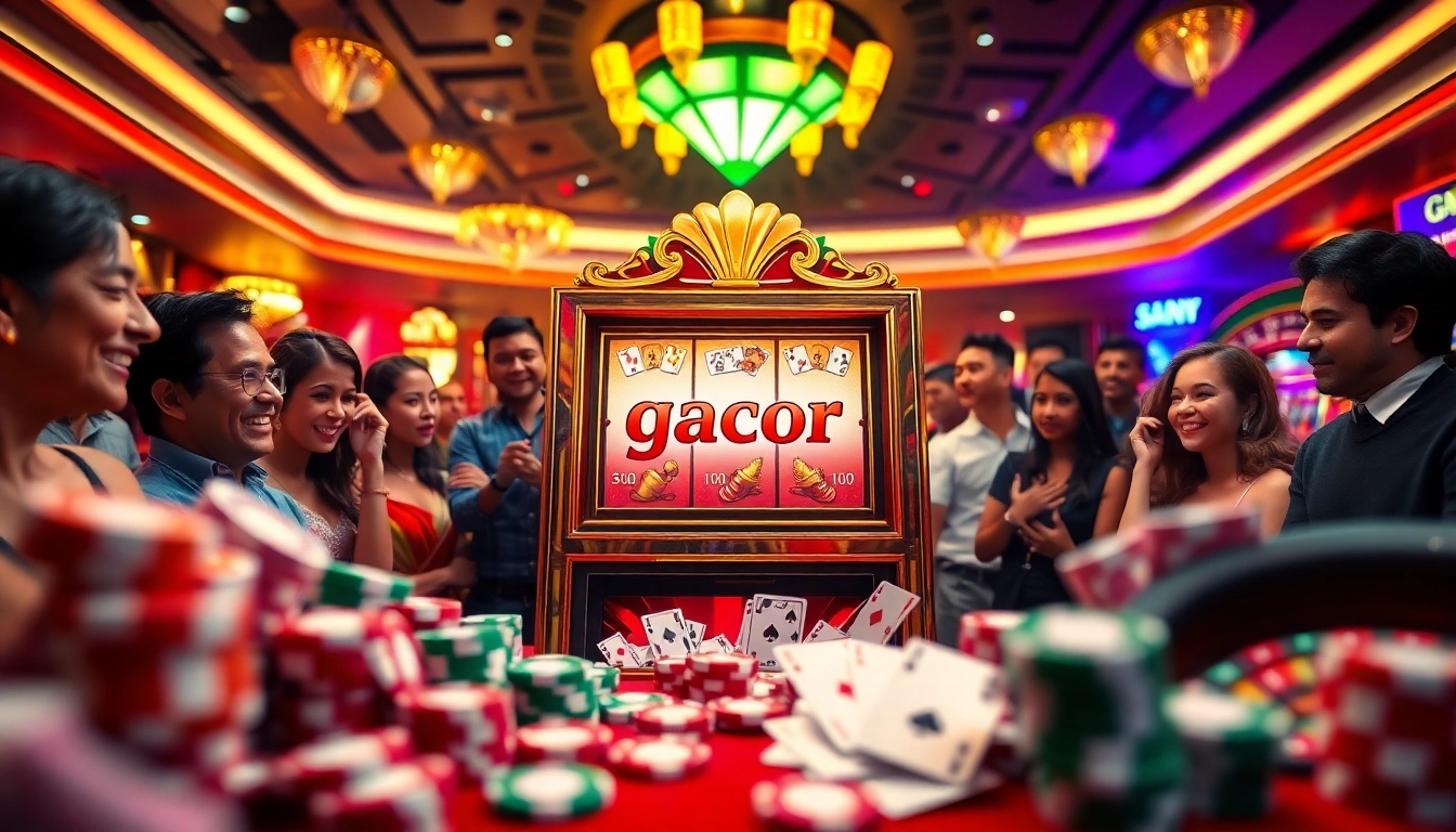Experience the thrill of slot gacor wins as players celebrate around a luxurious casino slot machine.
