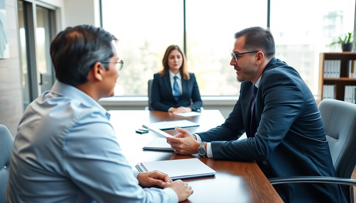 A Modesto accident lawyer assisting a client in a modern office setting.