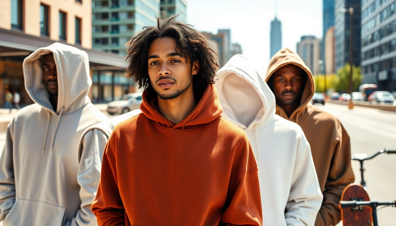 Model wearing stylish blank hoodies in a vibrant urban environment showcasing diverse colors and textures.