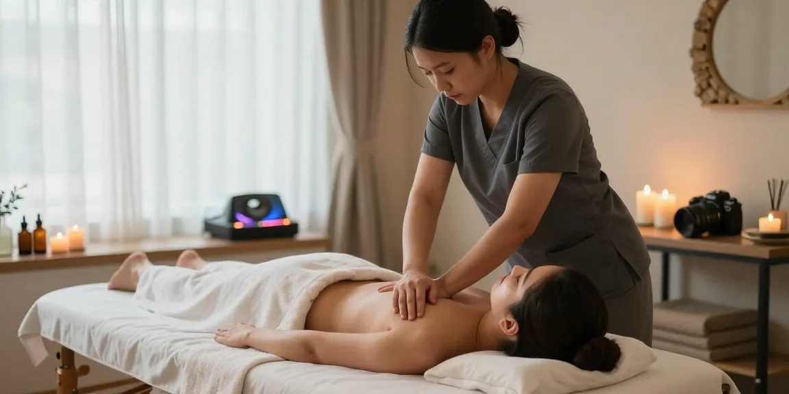 1인샵에서 편안한 마사지 받는 모습과 아늑한 치료 환경