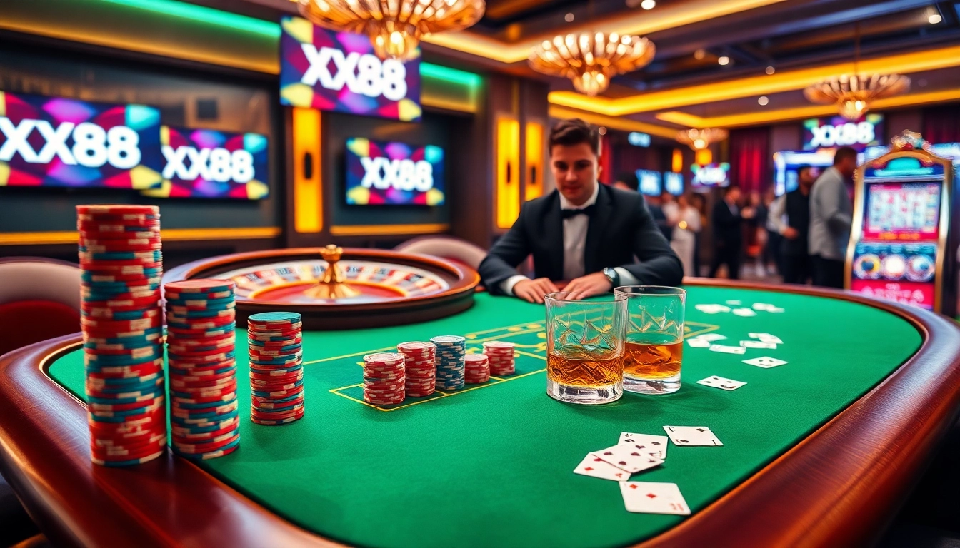 Experience the excitement of XX88's online casino with vibrant poker chips and spinning roulette wheel.
