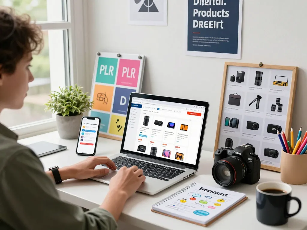 Buy PLR Products Online with vibrant e-commerce workspace scene featuring a laptop and creative product layout.