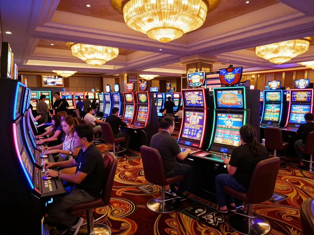 Experience the vibrant atmosphere of cm88sm com with players engaging at colorful slot machines on a lively casino floor.