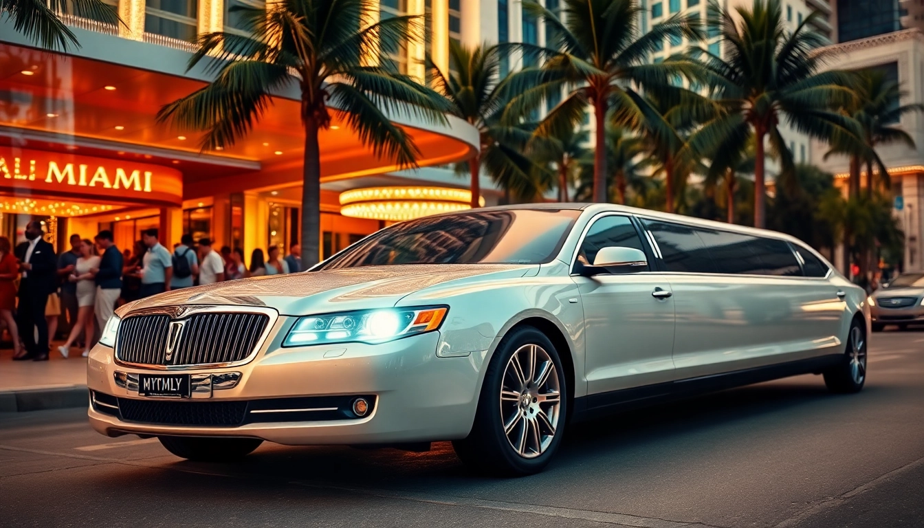Experience the elegance of a Miami limo parked in a vibrant city setting.