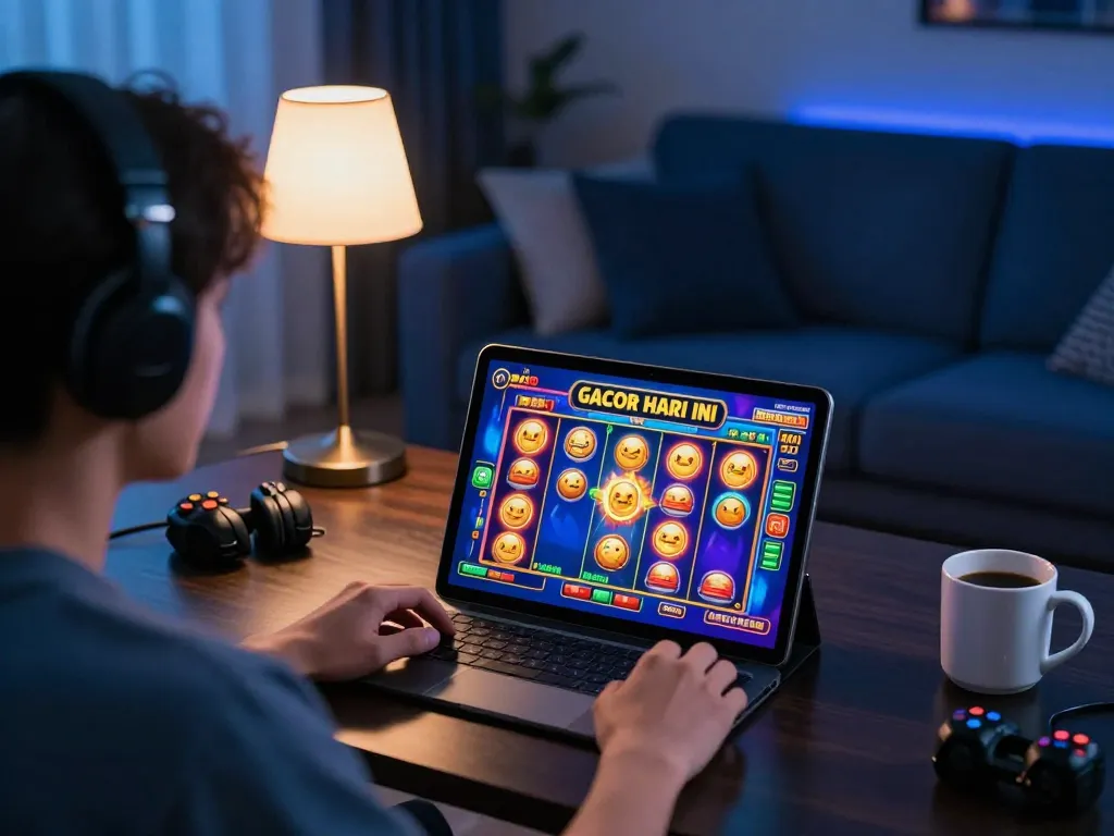 Engaging in slot gacor hari ini online gaming on a tablet in a cozy home environment