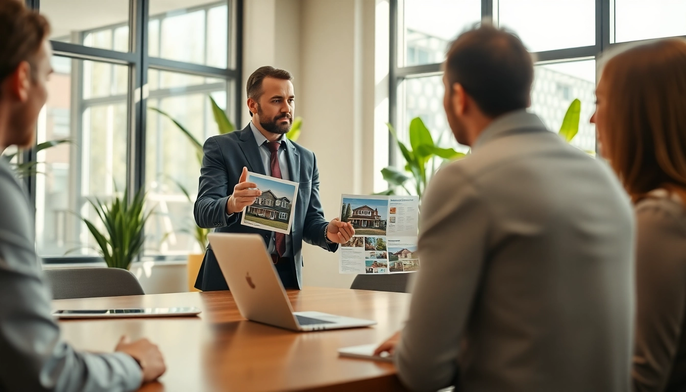 Real Estate agent engaging with buyers in a bright modern office setting, showcasing property options.