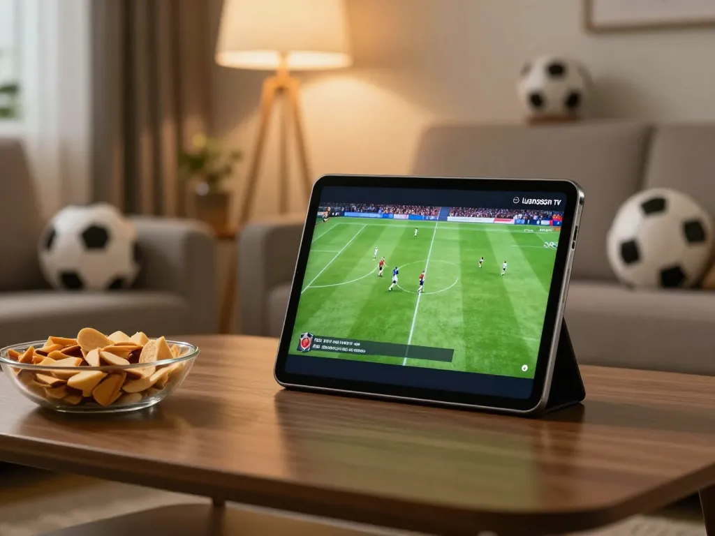 Watching an exciting match on luongson tv in a cozy home environment with snacks.