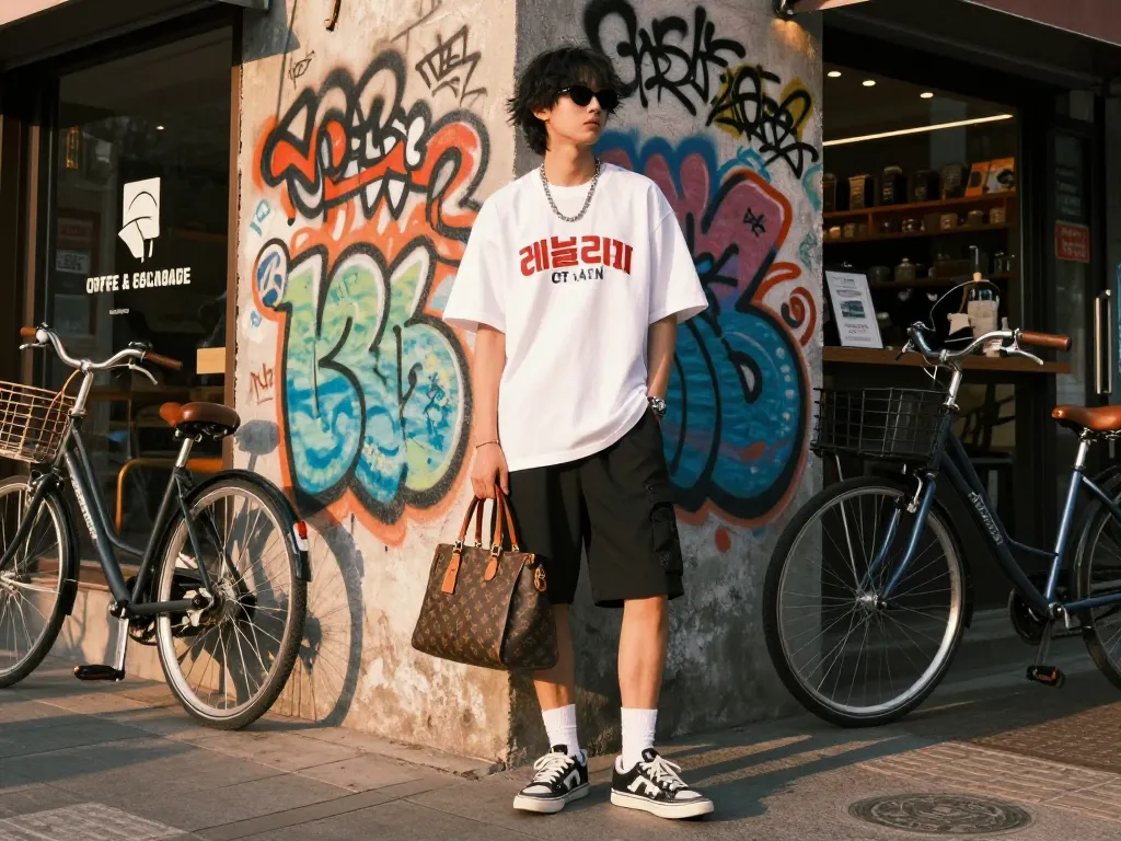 Stylish urban scene featuring a person in 레플리카 streetwear outfit showcasing a designer handbag.