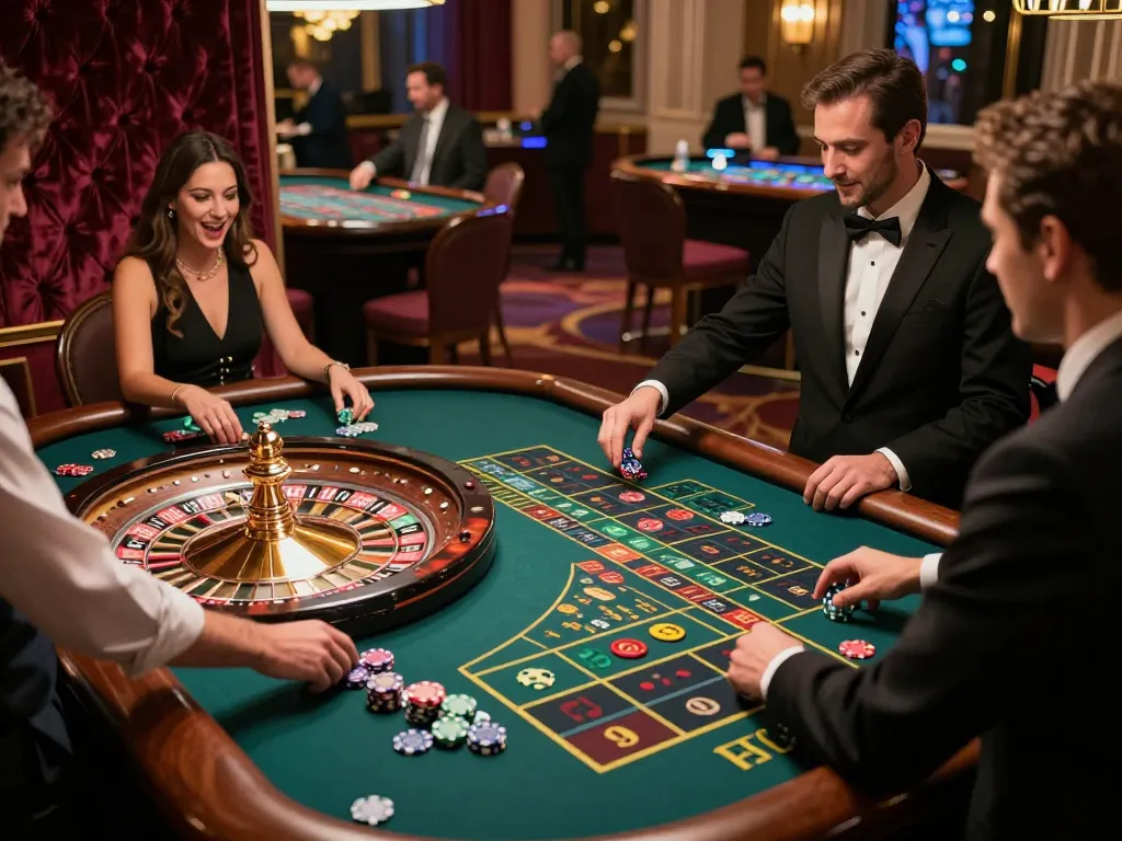 Players engaging at the roulette table during an exciting du88 casino game, highlighting dynamic action and luxury.