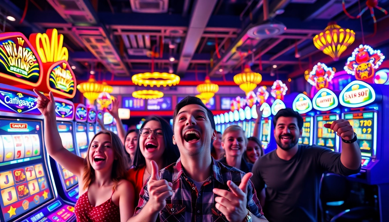 Menggembirakan pemain slot gacor yang merayakan kemenangan besar dalam suasana kasino yang cerah.