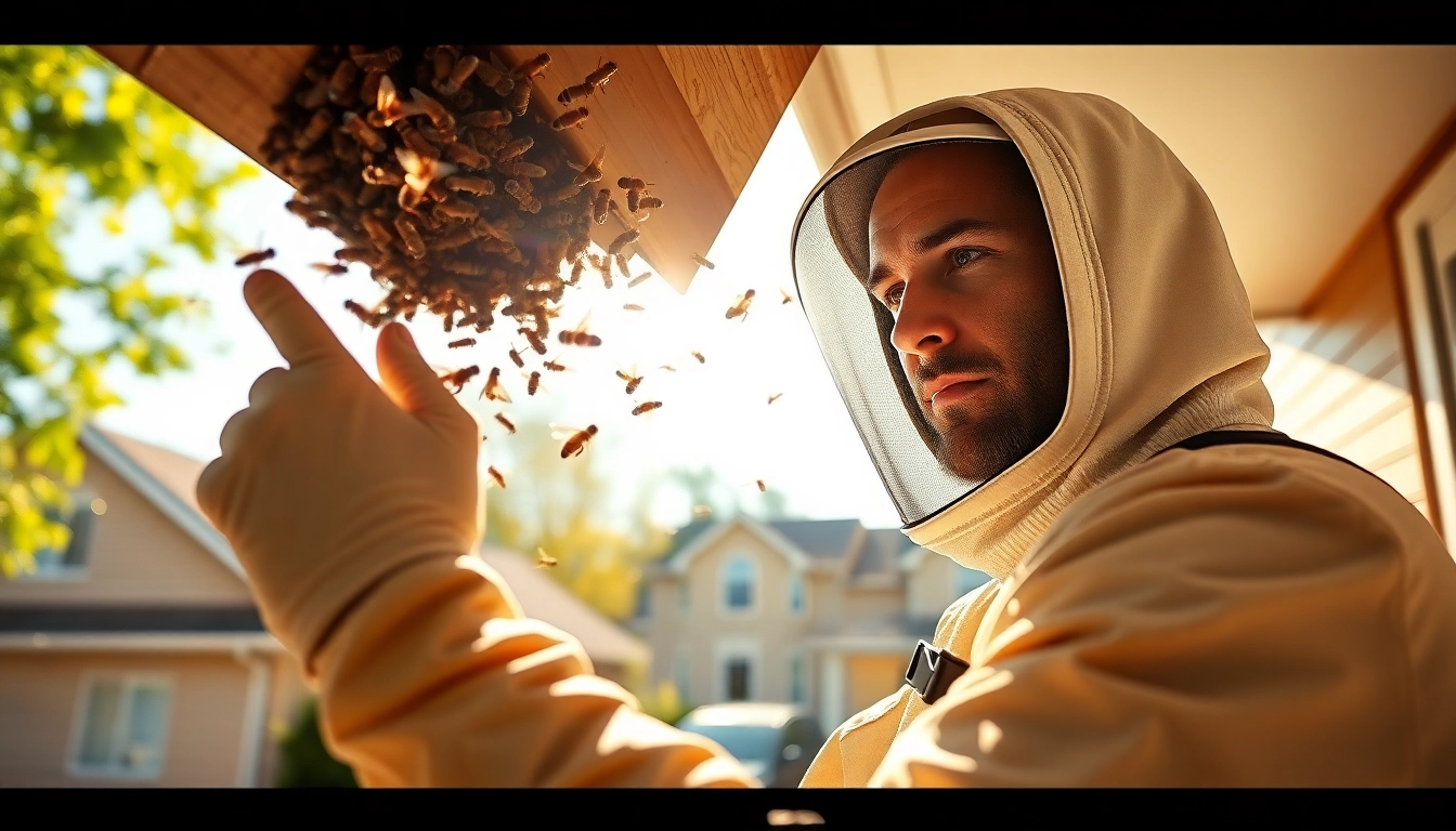 Expert handling honey bee removal services with care and professionalism, emphasizing bee conservation.