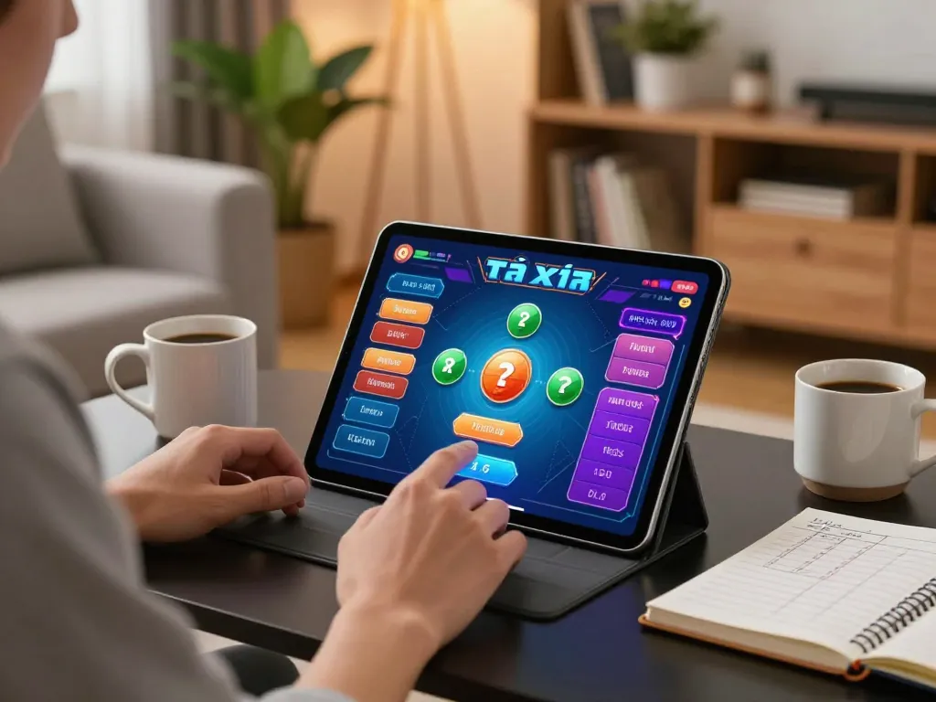 Engaging in tài xỉu online gameplay on a tablet in a cozy living room setting, showcasing a responsible gaming atmosphere