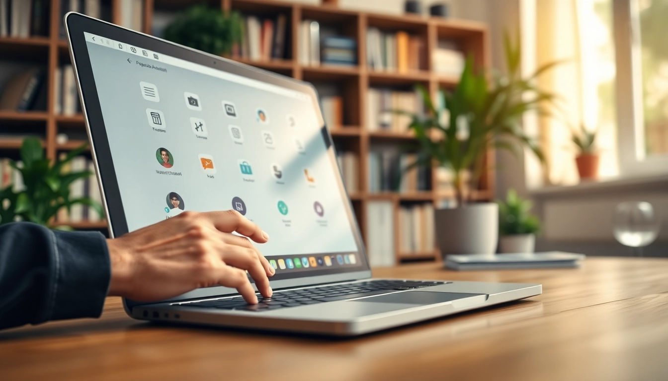 Showcase the 爱思助手官网 digital assistant interface on a modern laptop in a cozy office.