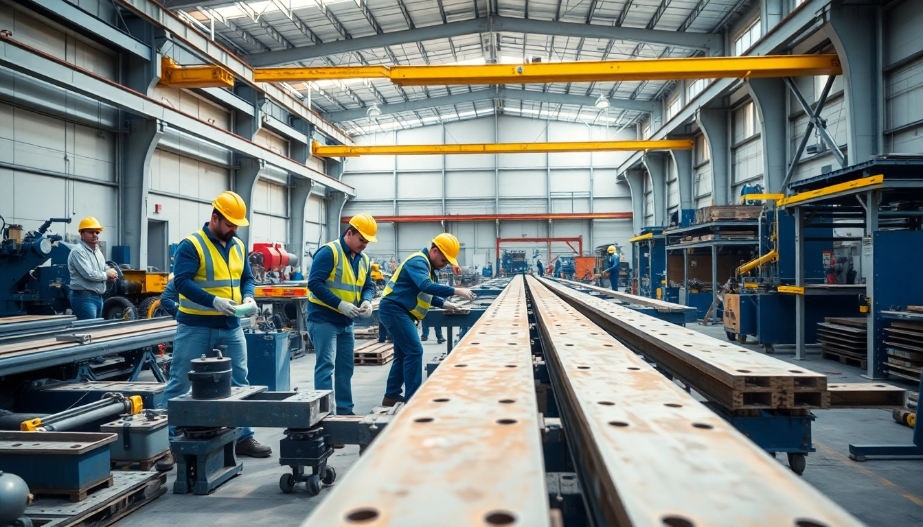 Workers collaborating on structural steel fabrication in a busy, well-organized workshop.