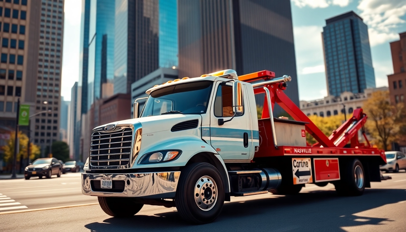 Towing service Nashville TN exemplified by a professional tow truck operating in the heart of Nashville.