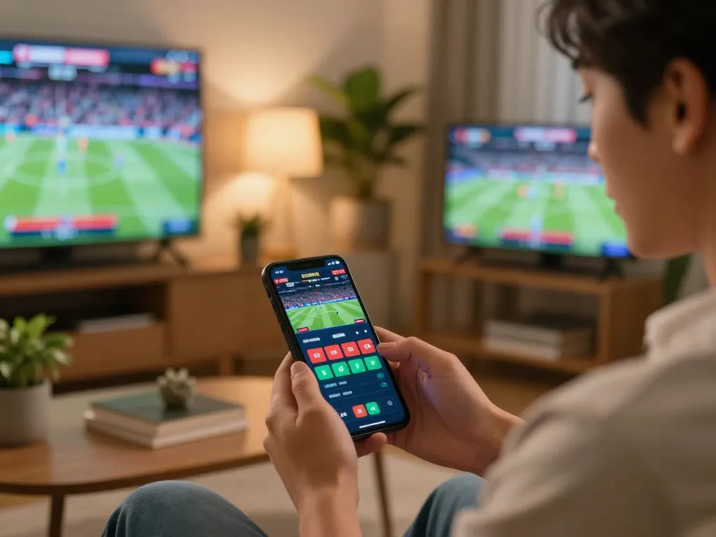 Engaging in live KQBD sports betting on a smartphone in a cozy home setting.