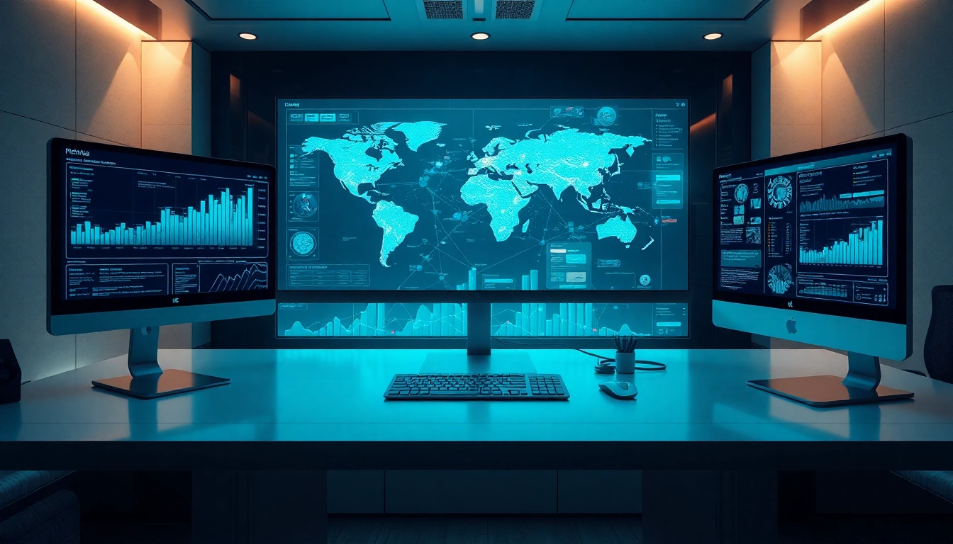 Futuristic digital workspace with monitors and holographic data representing https://rr9935.com/ technology insights