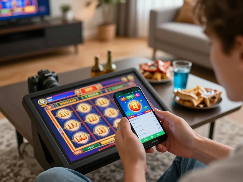 Engaging with the W88 mobile app while winning at colorful slot games in a cozy setting