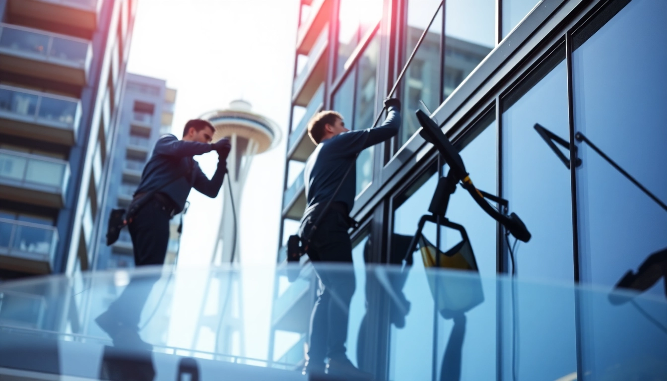 Seattle window cleaning service professionals ensuring spotless windows at a Seattle high-rise.