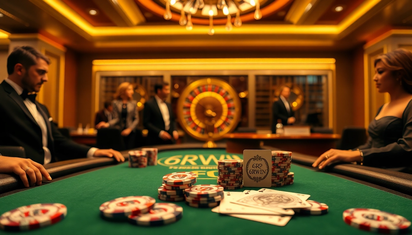 Engaging 6RWIN poker table scene with players, chips, and cards in a luxurious casino ambiance.