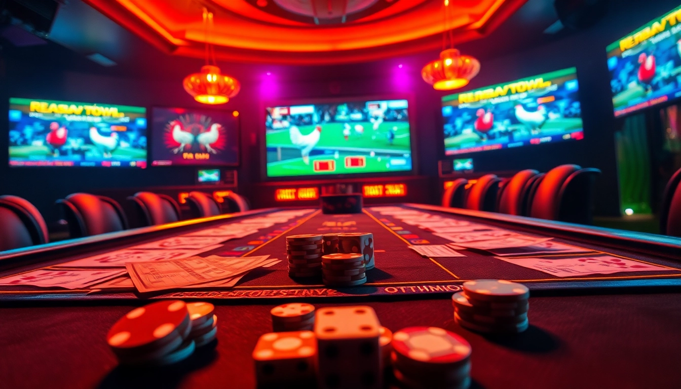 Exciting đá gà thomo betting scene with luxurious casino elements and live match displays.
