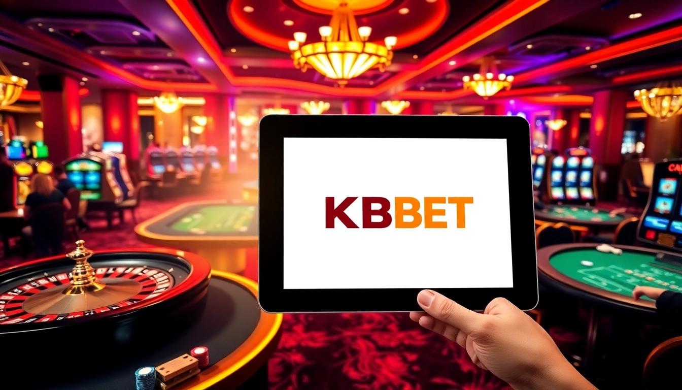 KBBET casino scene with vibrant atmosphere, players at tables, and online gaming displayed luxuriously.
