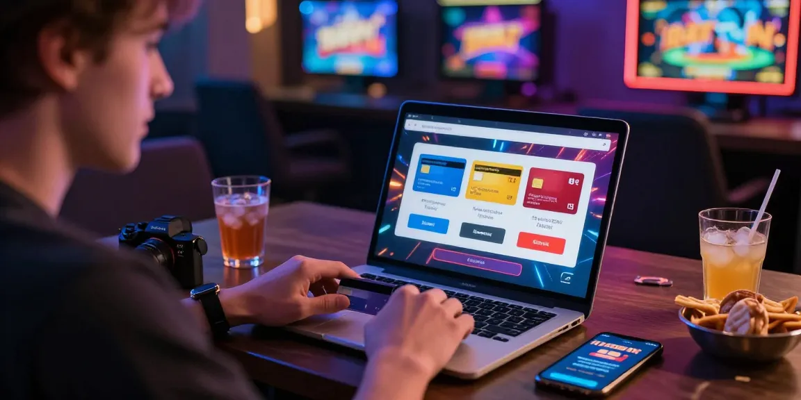 Excited UK player using credit card for online gaming at https://rwst.org.uk, showcasing vibrant casino graphics.