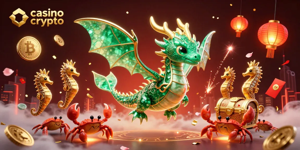 Un dragon de mer flottant avec des éléments de casino crypto, lanternes et pièces scintillantes.