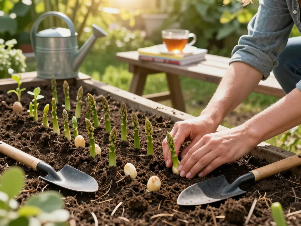 Groene asperges zaaien in a home garden scene with seeds being planted in rich soil.