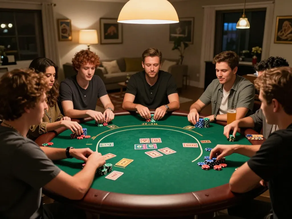 RR88 Auction poker night with friends playing Texas Hold'em around a green felt table.