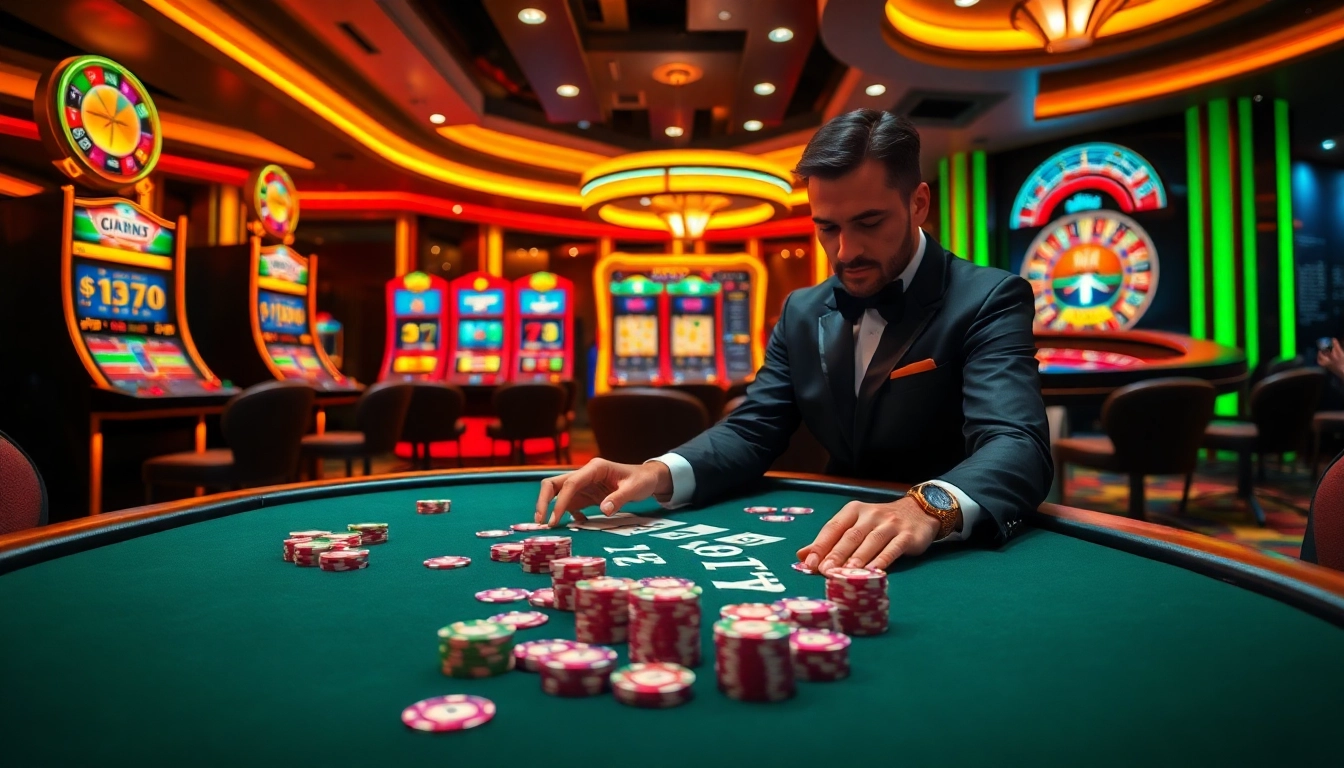 Experience the excitement of gaming at GG88 with vibrant poker chips and a live dealer.