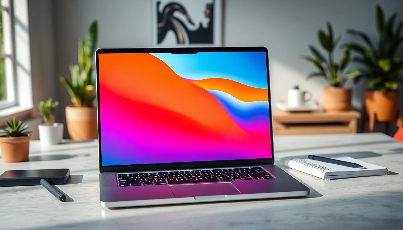 Showcase the MacBook Pro M4 on a modern desk, highlighting its sleek design and vibrant display.