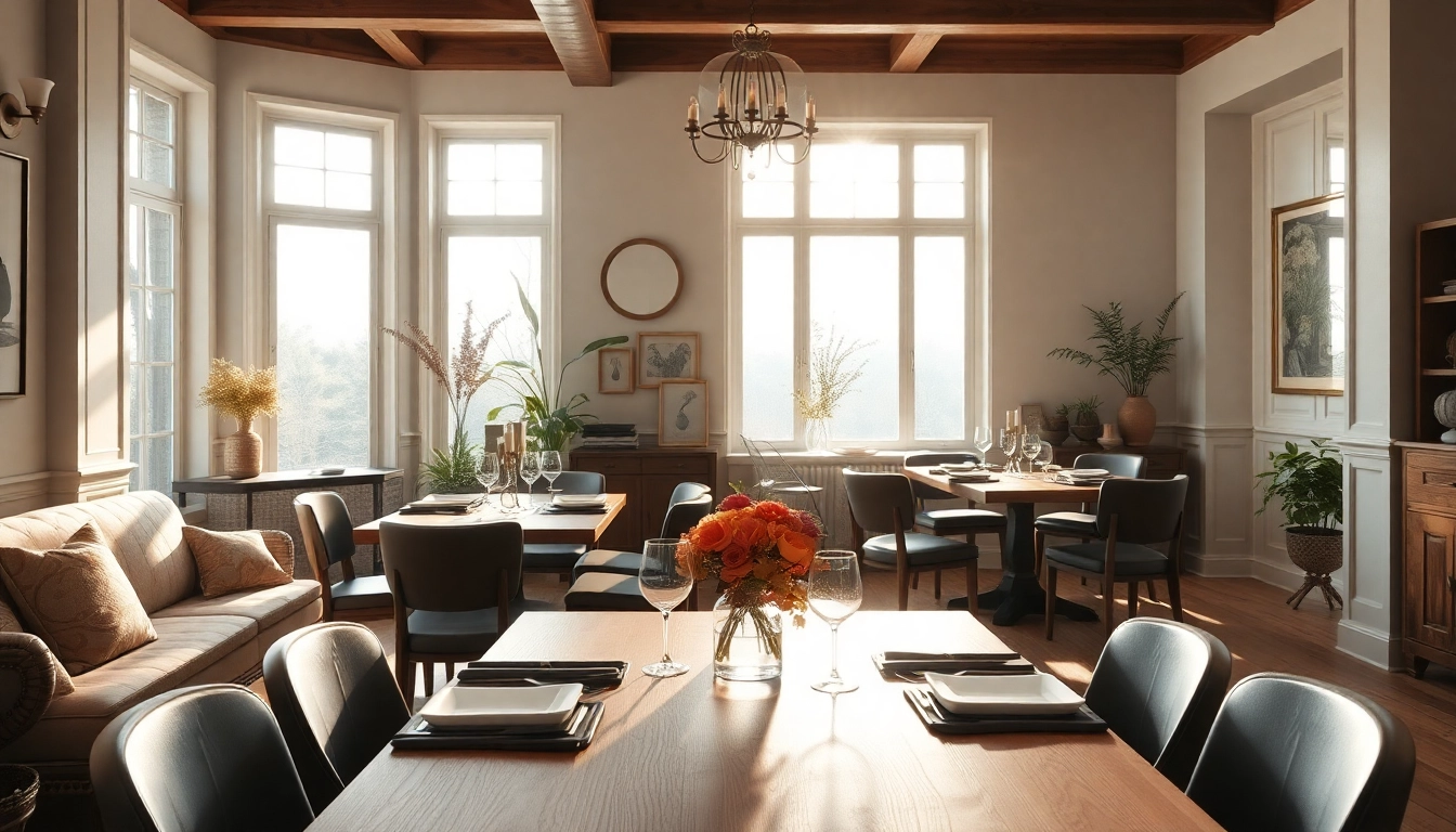 Showcase stylish dining tables surrounded by tasteful decor in a welcoming atmosphere.