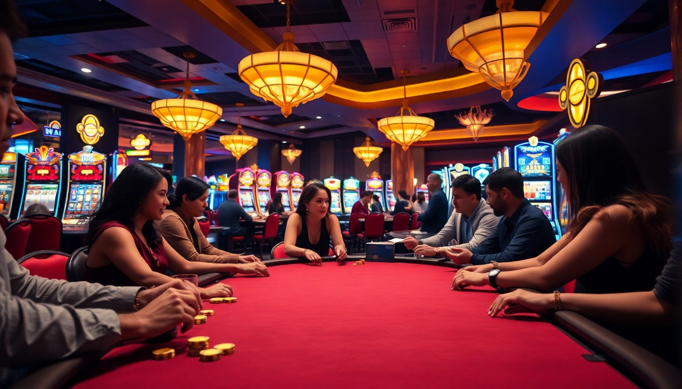 Join the excitement at https://casinodeets.com with lively casino gaming scenes filled with players and vibrant slot machines.