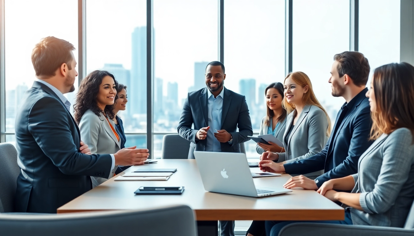 Professionals discussing ways to hire salespeople in a bright office setting.