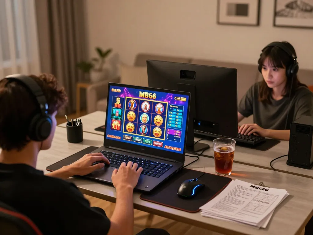 Engaging with MB66 slot games at home, showcasing a vibrant online casino interface