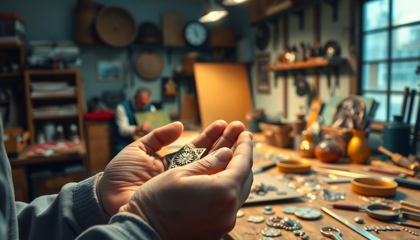 Zinn Ankauf mit einem Fachmann, der Zinnschmuck und Artefakte in einer Werkstatt prüft.