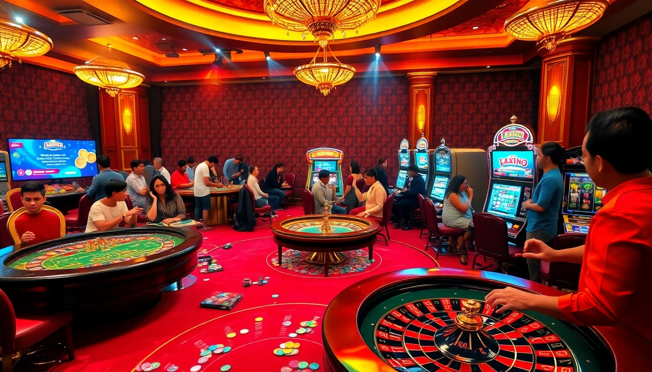 Lanka Ads promoting vibrant gambling action at a luxurious casino with poker tables and slot machines.