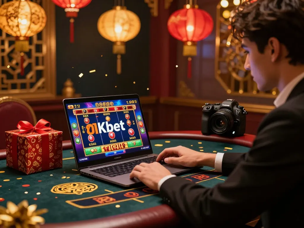 Luxurious 8kbet online gaming experience during Tet with festive decorations and lucky gifts.
