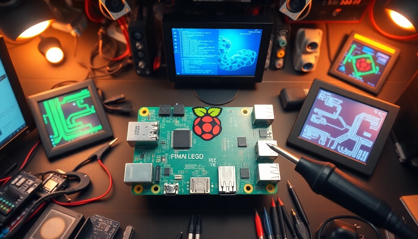 Raspberry Pi 5 in a dynamic workspace, showcasing technical elements and a creative vibe.