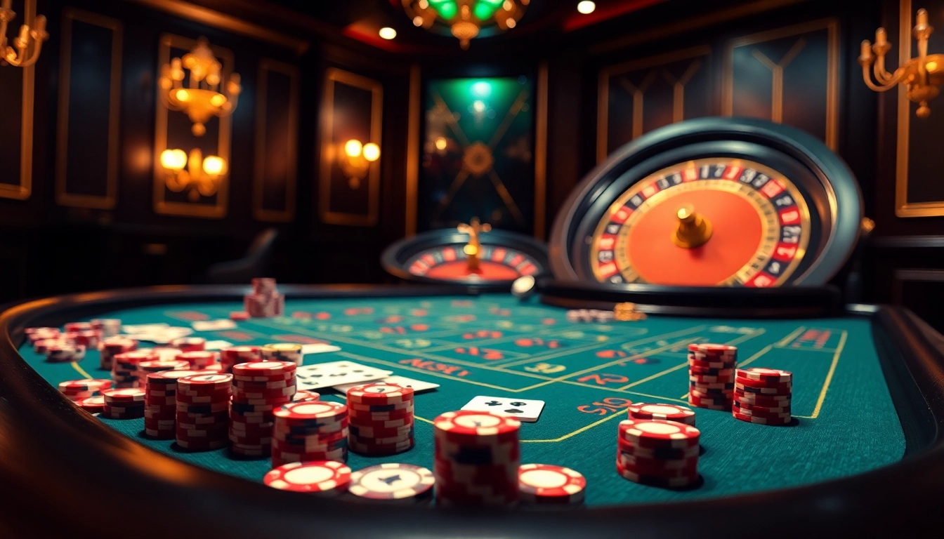 KQBD themed casino table with vibrant chips and cards, depicting a luxury gambling experience.