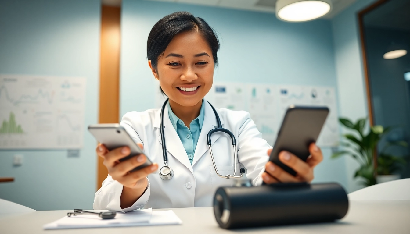 Text a licensed doctor online with a friendly physician consulting via smartphone in a modern clinic.
